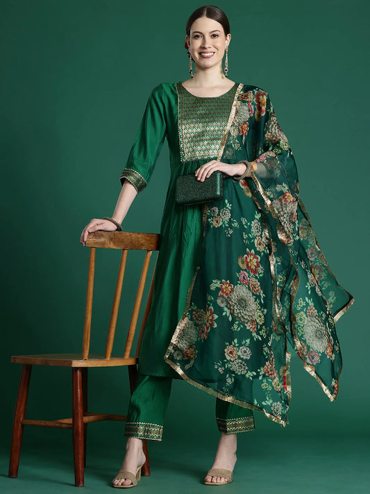 Green Yoke Design A-Line Kurta Trousers With Dupatta set