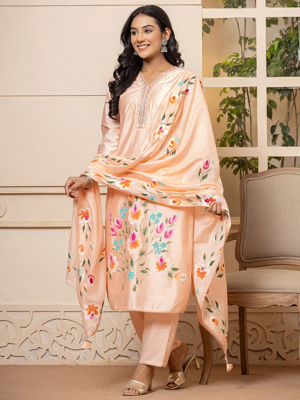 Peach Printed Straight Kurta Trousers With Dupatta set