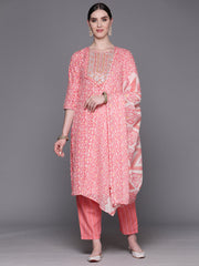 Indo Era Pink Embroidered Straight Kurta Trousers With Dupatta Set