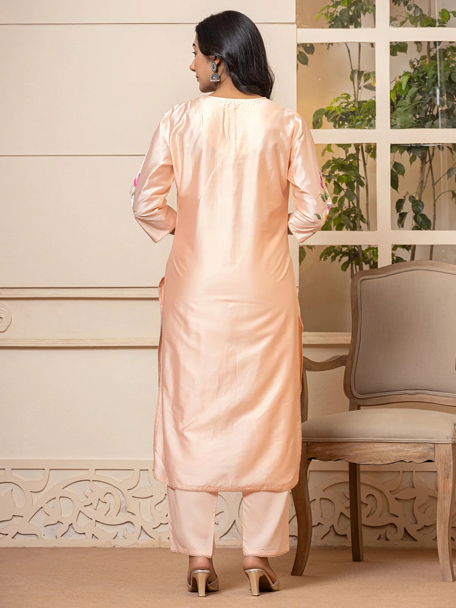 Peach Printed Straight Kurta Trousers With Dupatta set