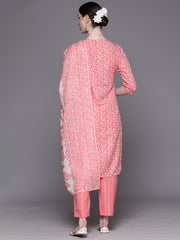 Indo Era Pink Embroidered Straight Kurta Trousers With Dupatta Set