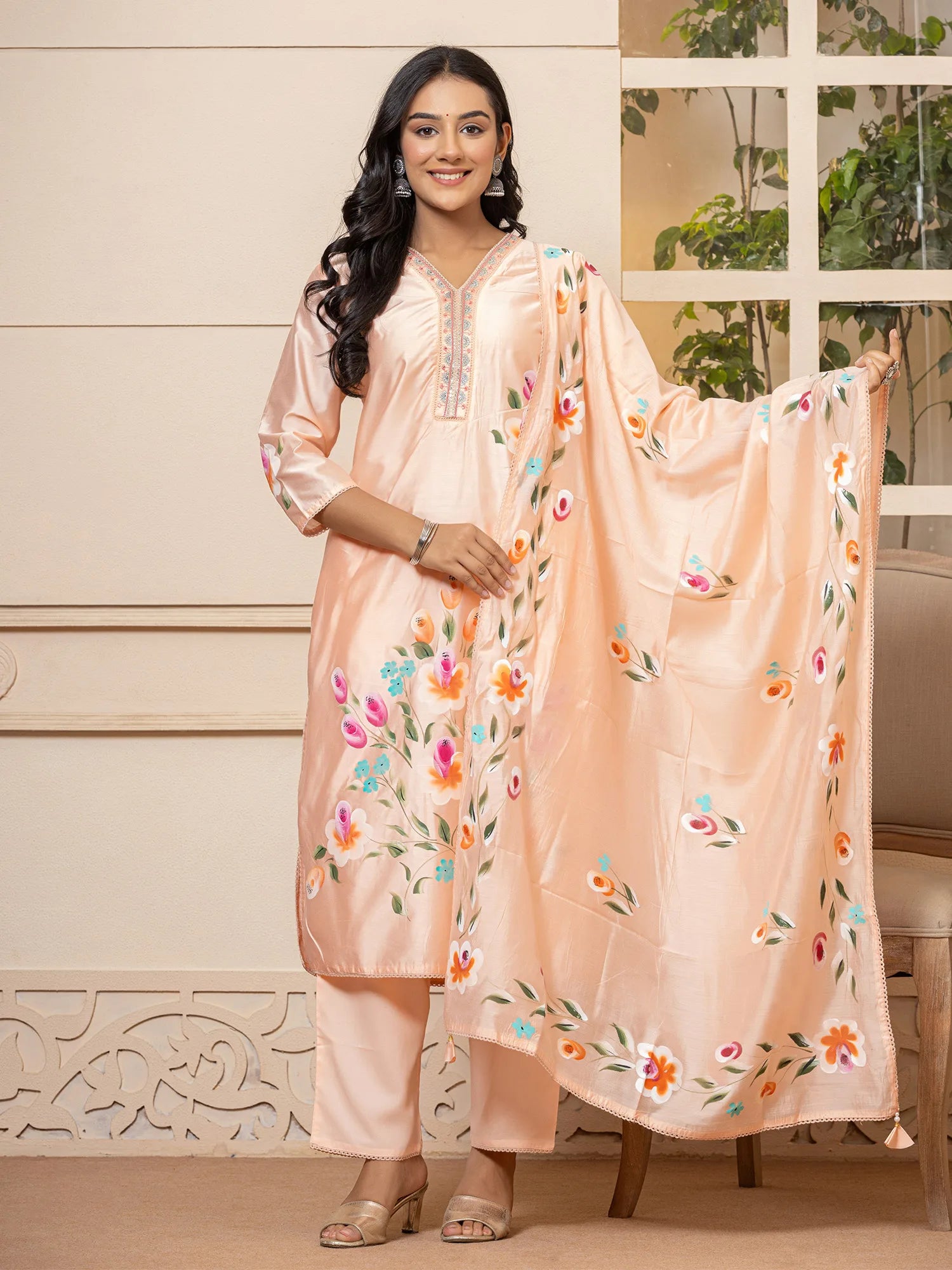 Peach Printed Straight Kurta Trousers With Dupatta set