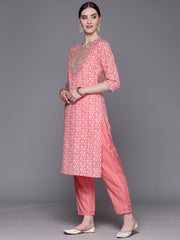 Indo Era Pink Embroidered Straight Kurta Trousers With Dupatta Set