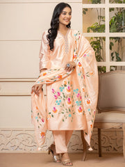 Peach Printed Straight Kurta Trousers With Dupatta set