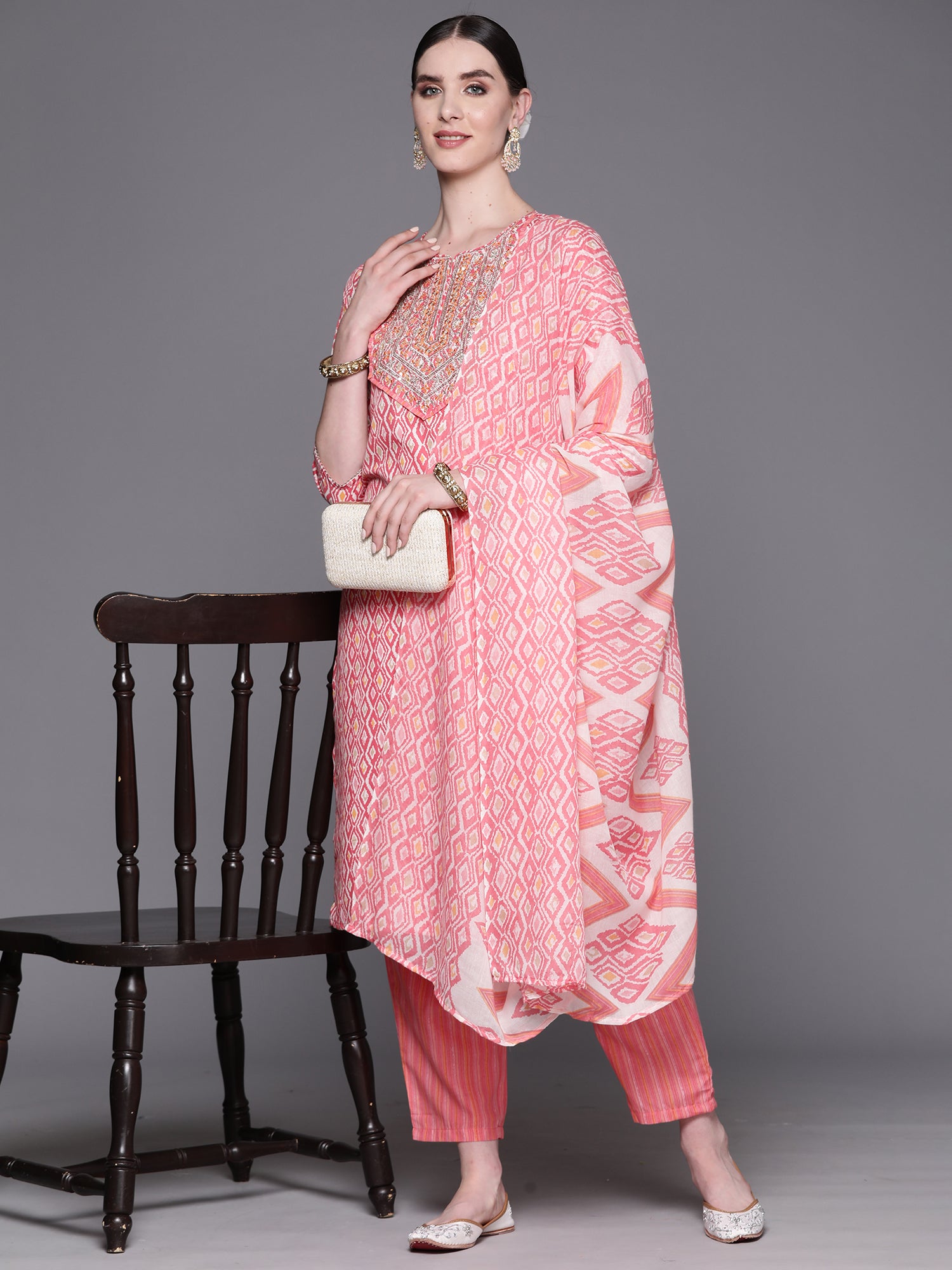 Indo Era Pink Embroidered Straight Kurta Trousers With Dupatta Set