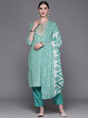 Indo Era Green Embroidered Straight Kurta Trousers With Dupatta Set