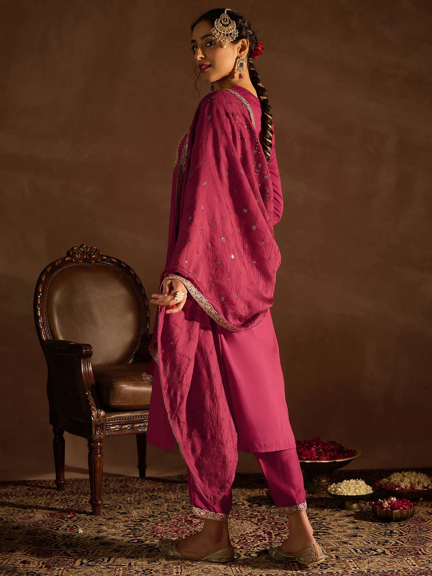 Red Embroidered Straight Kurta Trousers With Dupatta set