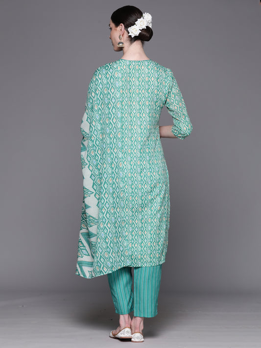 Indo Era Green Embroidered Straight Kurta Trousers With Dupatta Set