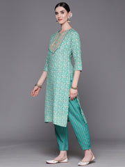 Indo Era Green Embroidered Straight Kurta Trousers With Dupatta Set