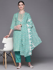 Indo Era Green Embroidered Straight Kurta Trousers With Dupatta Set