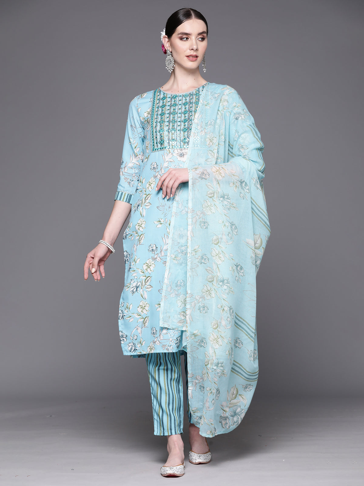 Indo Era Blue Embroidered Straight Kurta Trousers With Dupatta Set