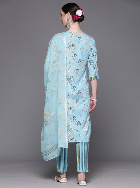 Indo Era Blue Embroidered Straight Kurta Trousers With Dupatta Set