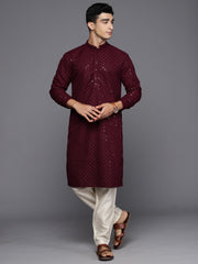 Men Burgundy Geometric Cotton Embroidered Straight Kurtas