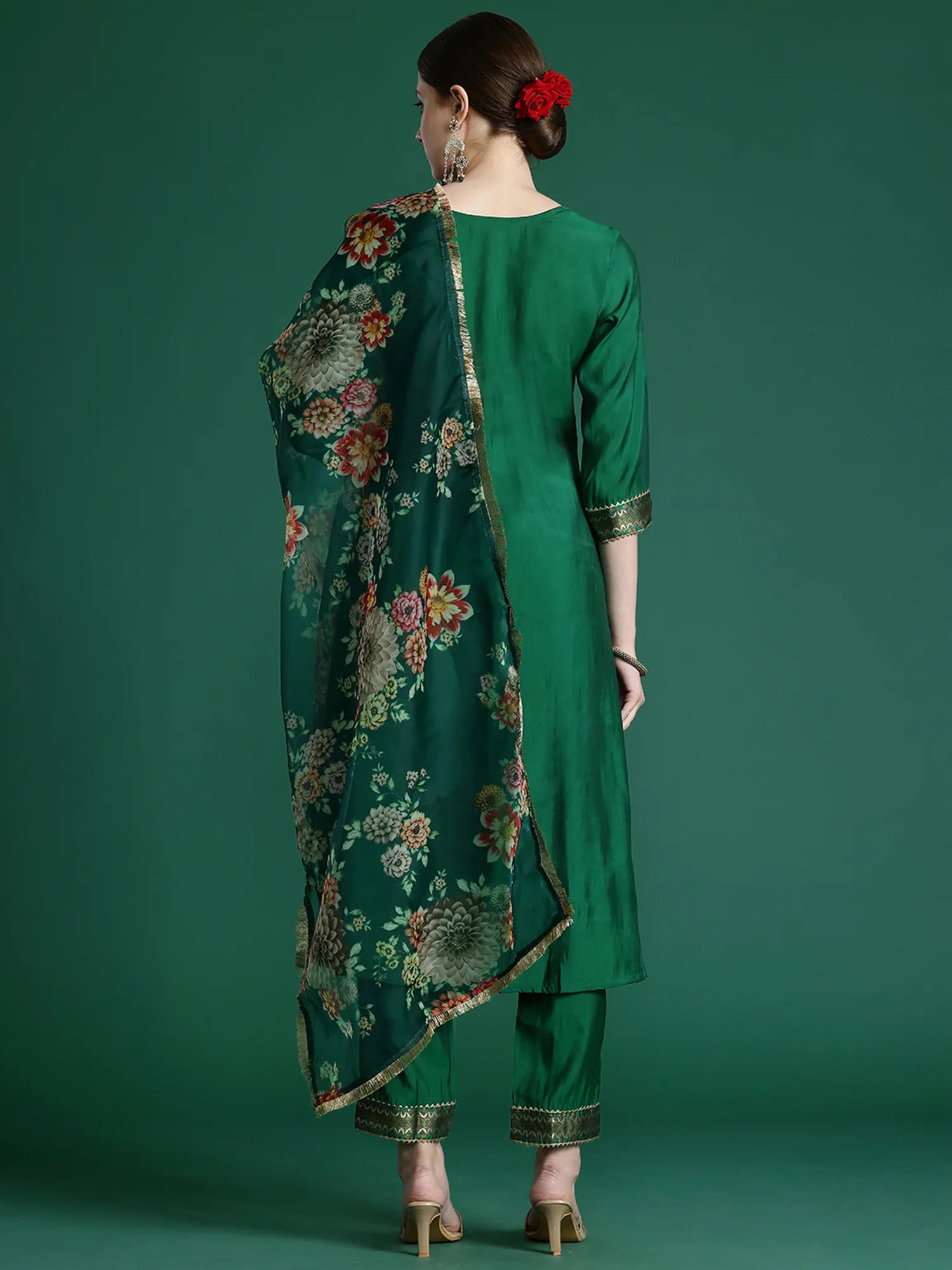 Green Yoke Design A-Line Kurta Trousers With Dupatta set