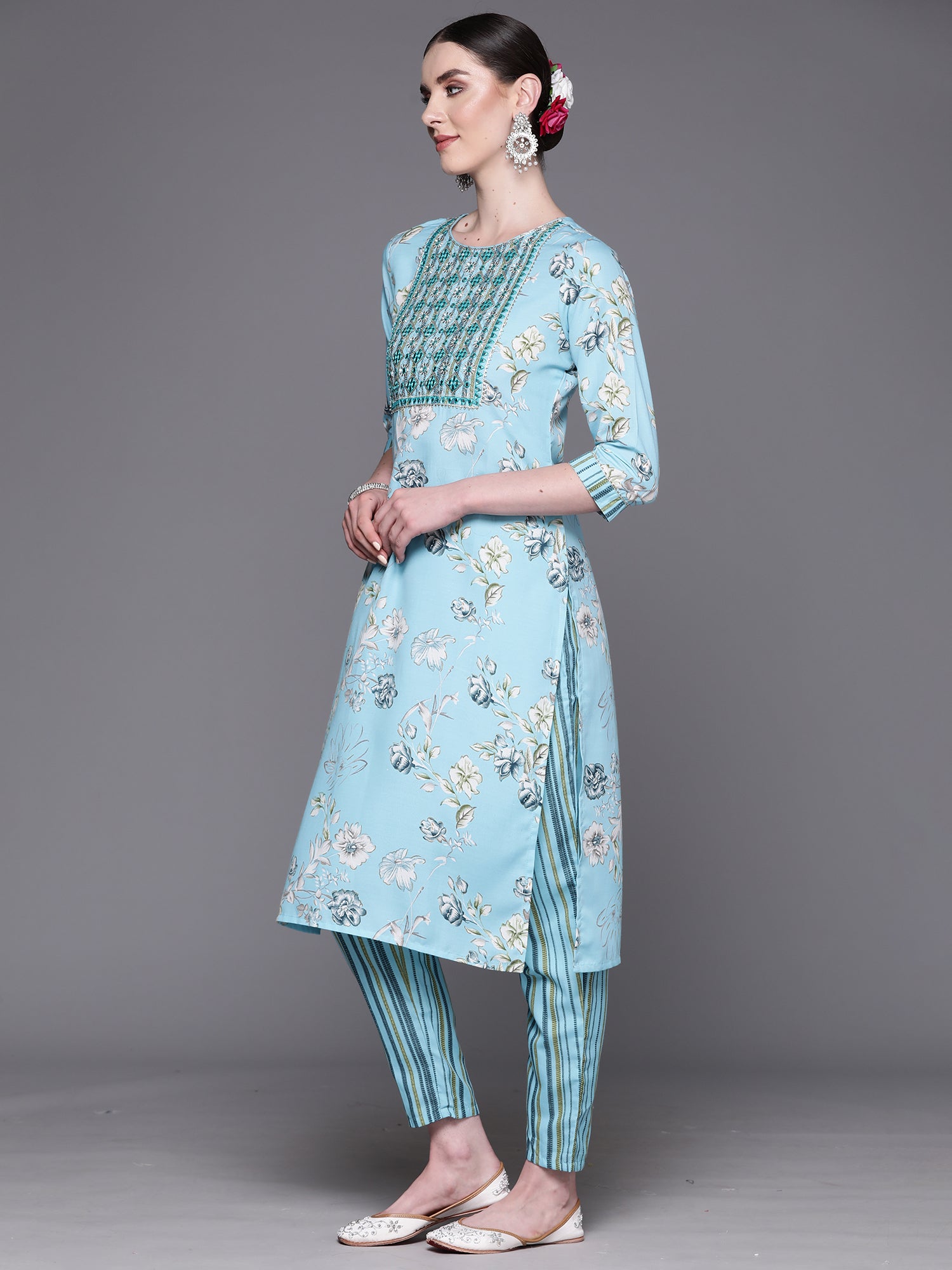 Indo Era Blue Embroidered Straight Kurta Trousers With Dupatta Set