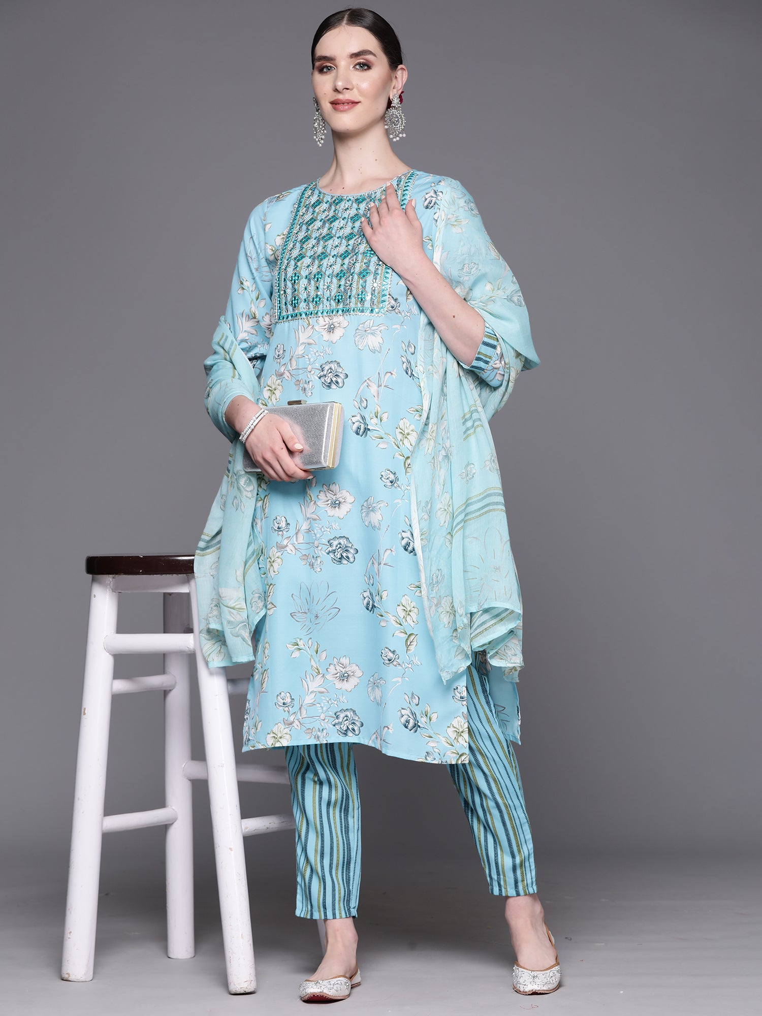 Indo Era Blue Embroidered Straight Kurta Trousers With Dupatta Set