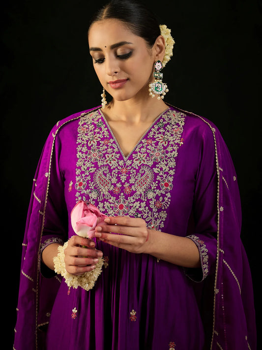 Purple Embroidered A-Line Kurta Trousers With Dupatta set