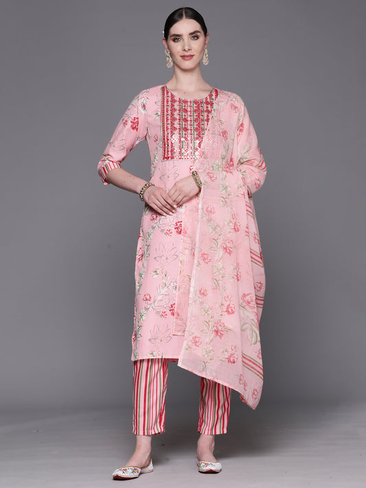 Indo Era Peach Embroidered Straight Kurta Trousers With Dupatta Set