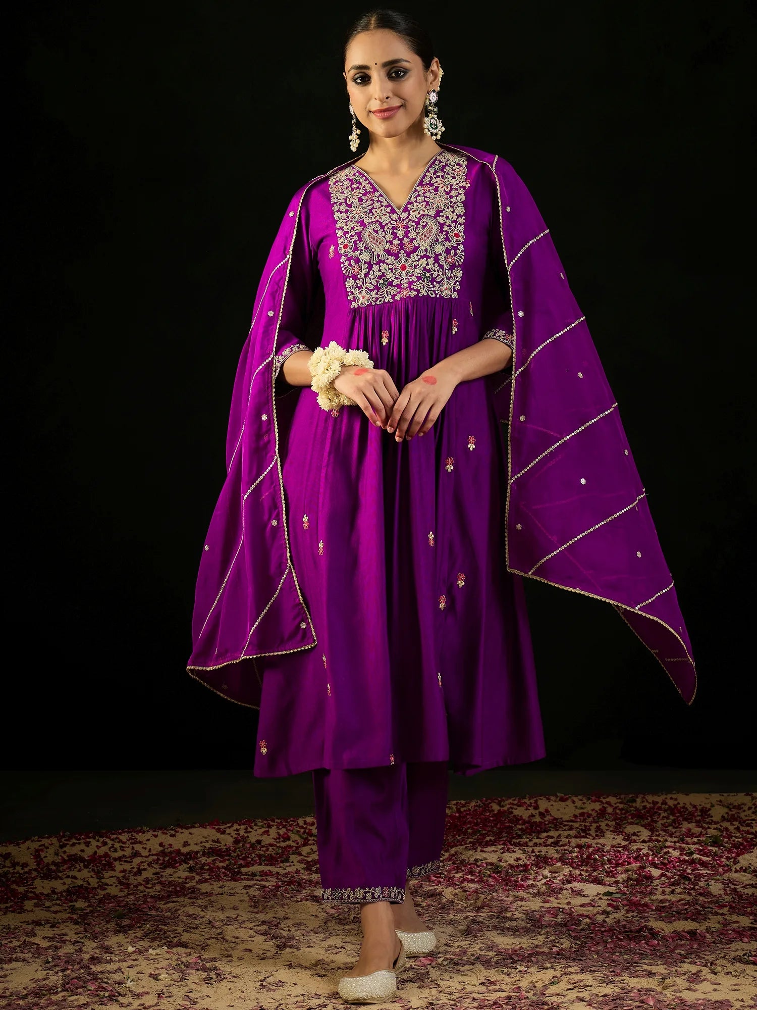 Purple Embroidered A-Line Kurta Trousers With Dupatta set