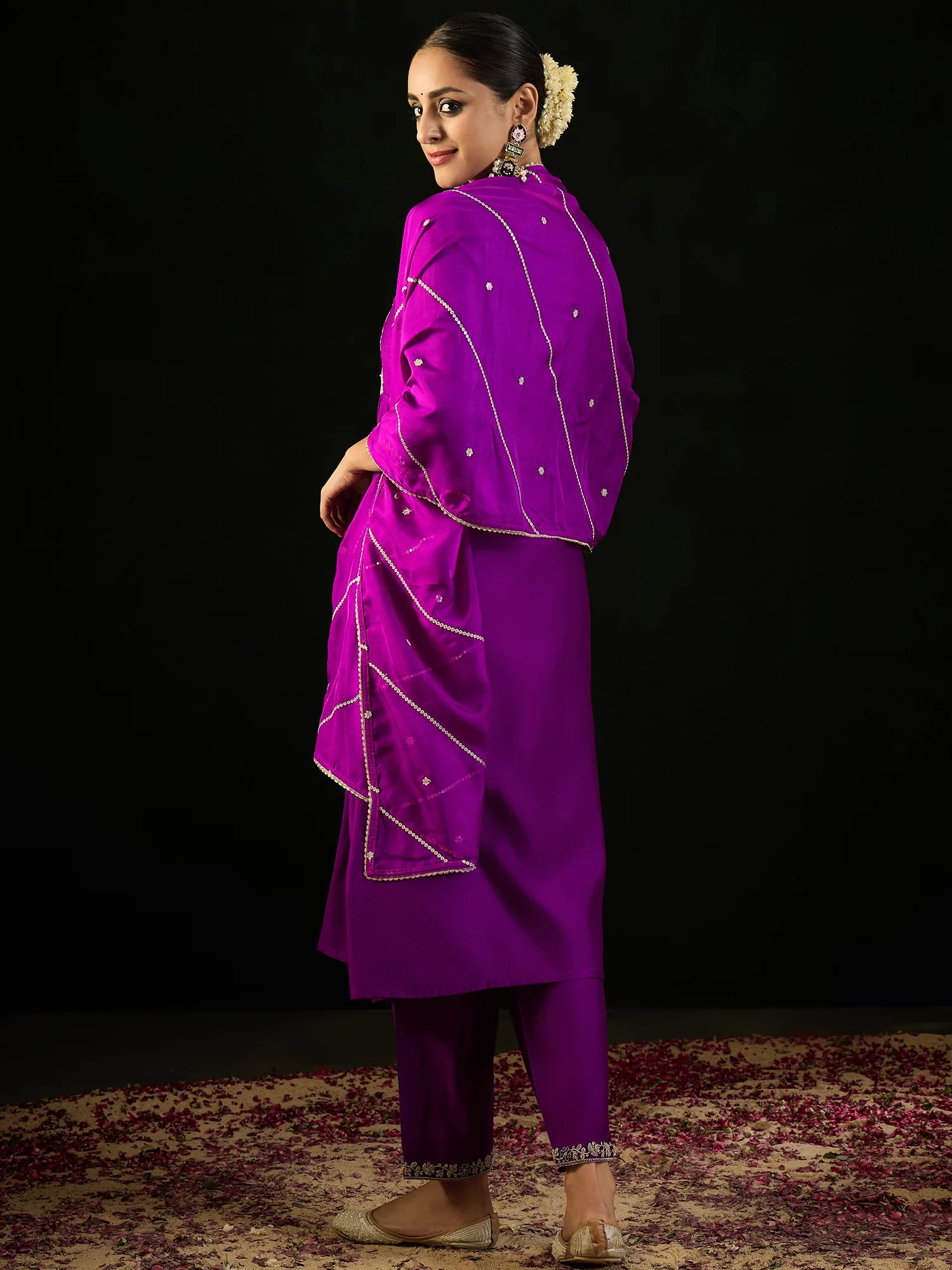 Purple Embroidered A-Line Kurta Trousers With Dupatta set