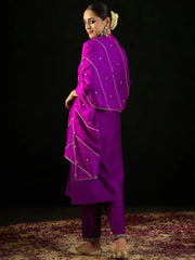 Purple Embroidered A-Line Kurta Trousers With Dupatta set