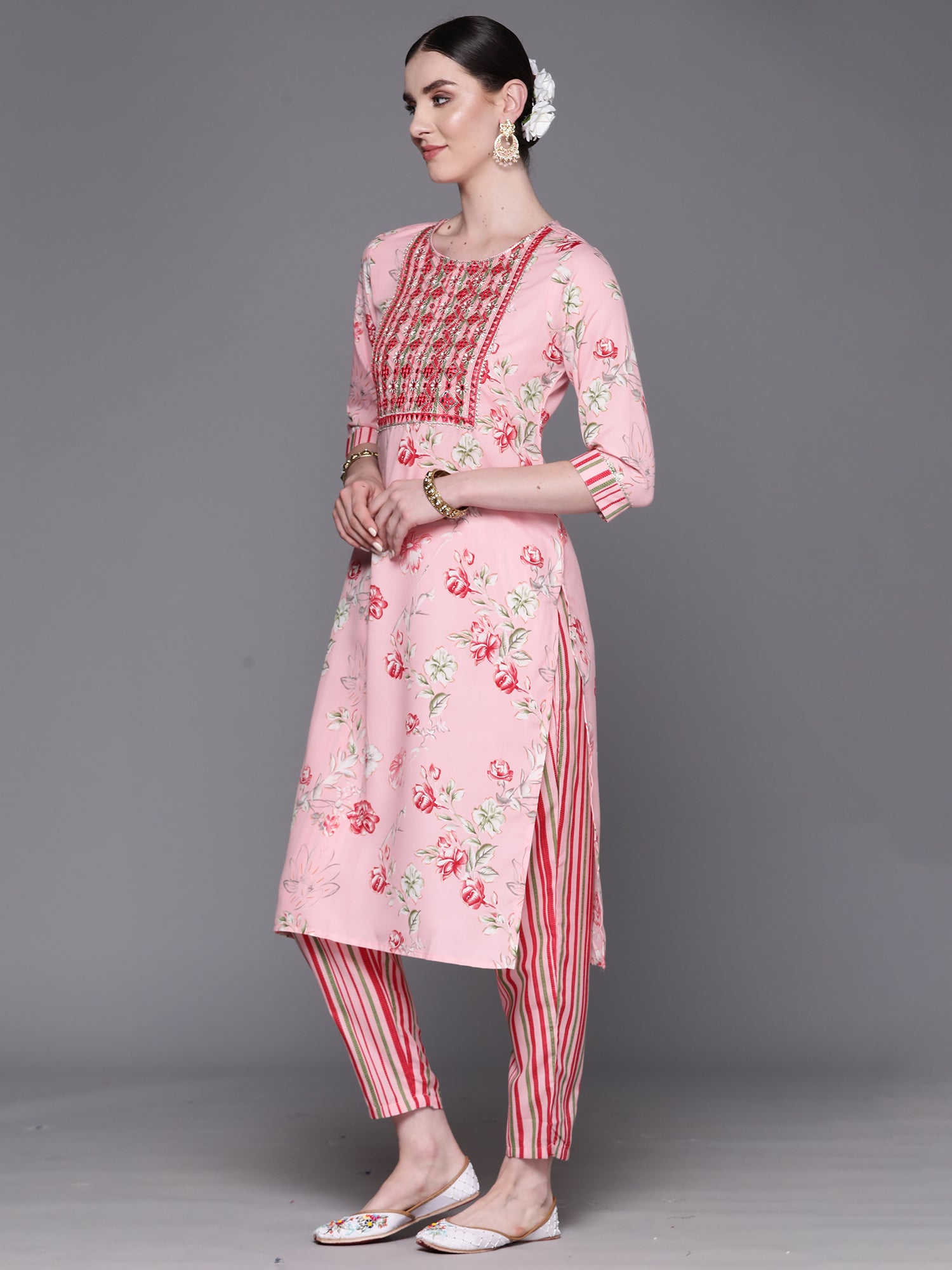 Indo Era Peach Embroidered Straight Kurta Trousers With Dupatta Set