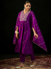 Purple Embroidered A-Line Kurta Trousers With Dupatta set