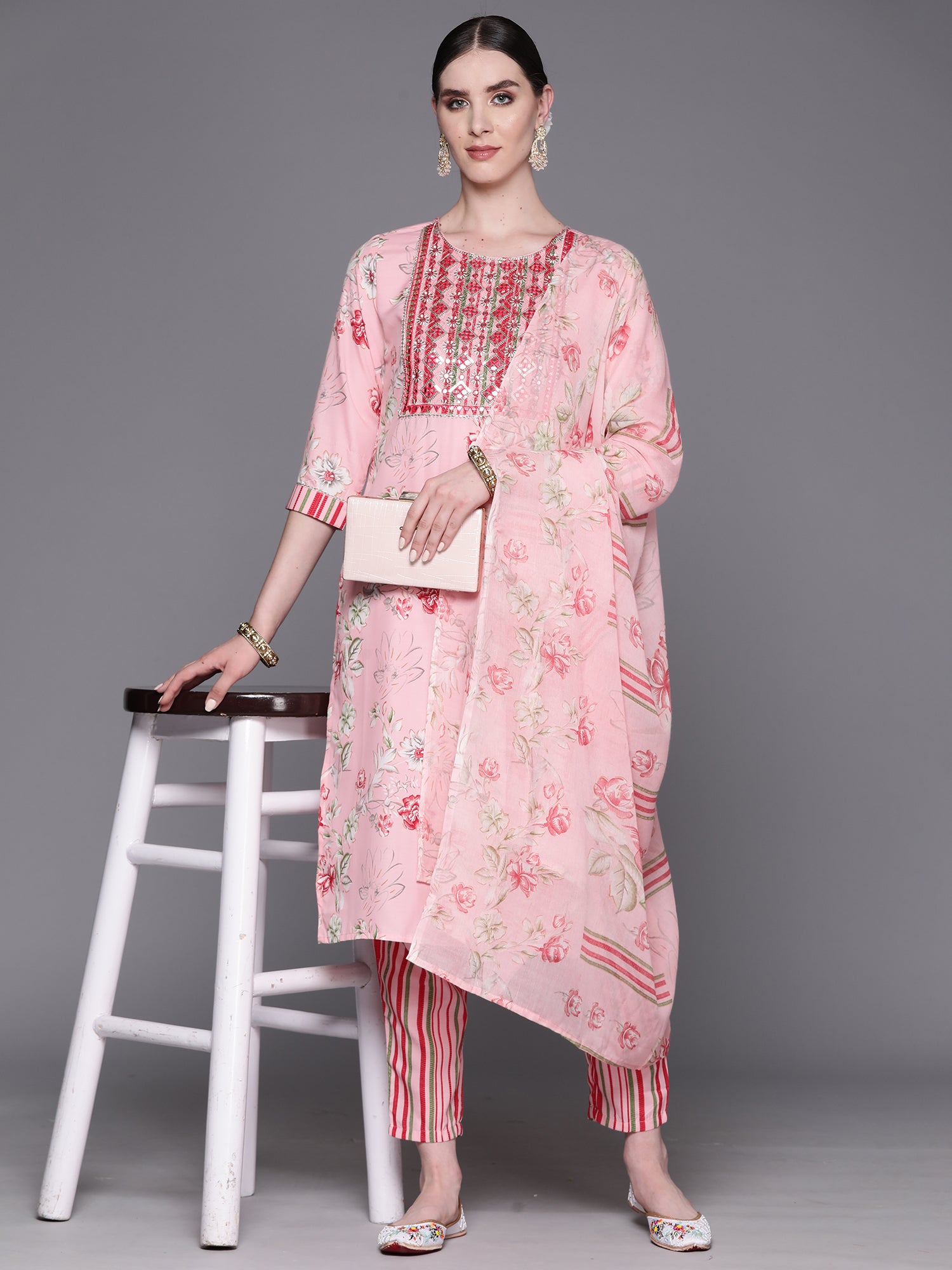 Indo Era Peach Embroidered Straight Kurta Trousers With Dupatta Set