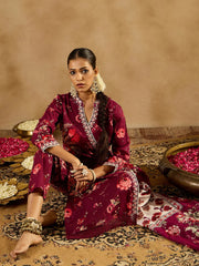 Burgundy Printed Straight Kurta Trousers With Dupatta set