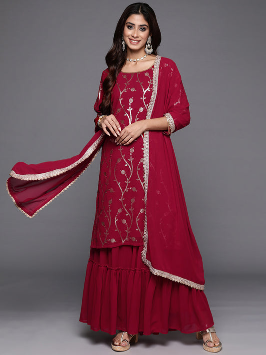 Indo Era Maroon Embroidered Straight Kurta Sharara With Dupatta Set