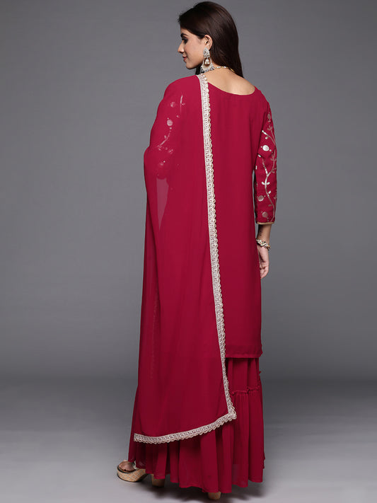 Indo Era Maroon Embroidered Straight Kurta Sharara With Dupatta Set