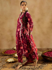 Burgundy Printed Straight Kurta Trousers With Dupatta set