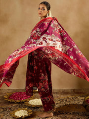 Burgundy Printed Straight Kurta Trousers With Dupatta set