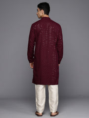 Men Burgundy Geometric Cotton Embroidered Straight Kurtas