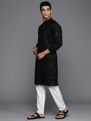 Indo Era - Men Black Geometric Cotton Embroidered Straight Kurtas