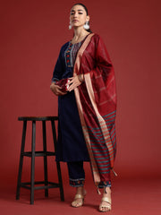 Navy Blue Yoke Design Straight Kurta Trousers With Dupatta Set