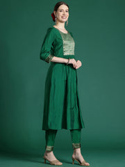 Green Yoke Design A-Line Kurta Trousers With Dupatta set