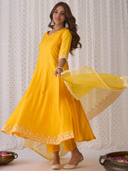 Yellow Embroidered Anarkali Kurta Trousers With Dupatta Set