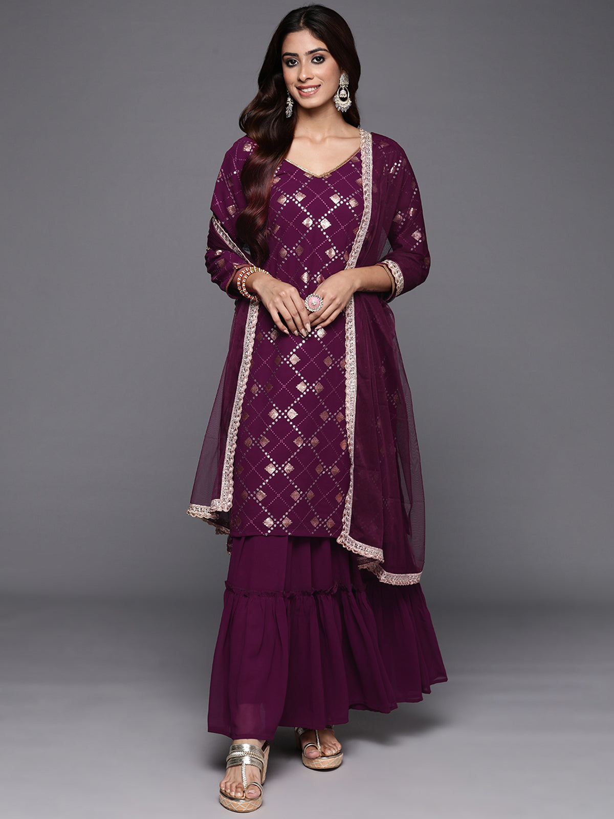 Indo Era Burgundy Embroidered Straight Kurta Sharara With Dupatta Set