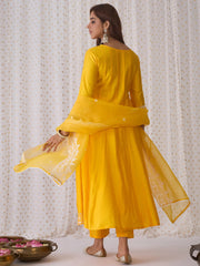 Yellow Embroidered Anarkali Kurta Trousers With Dupatta Set