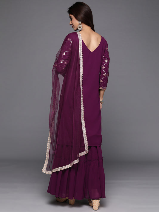 Indo Era Burgundy Embroidered Straight Kurta Sharara With Dupatta Set