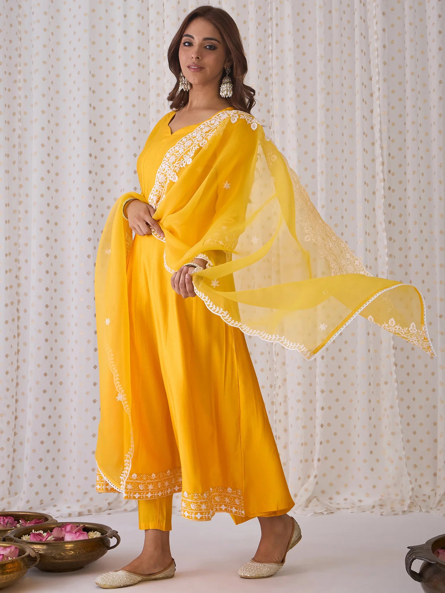 Yellow Embroidered Anarkali Kurta Trousers With Dupatta Set