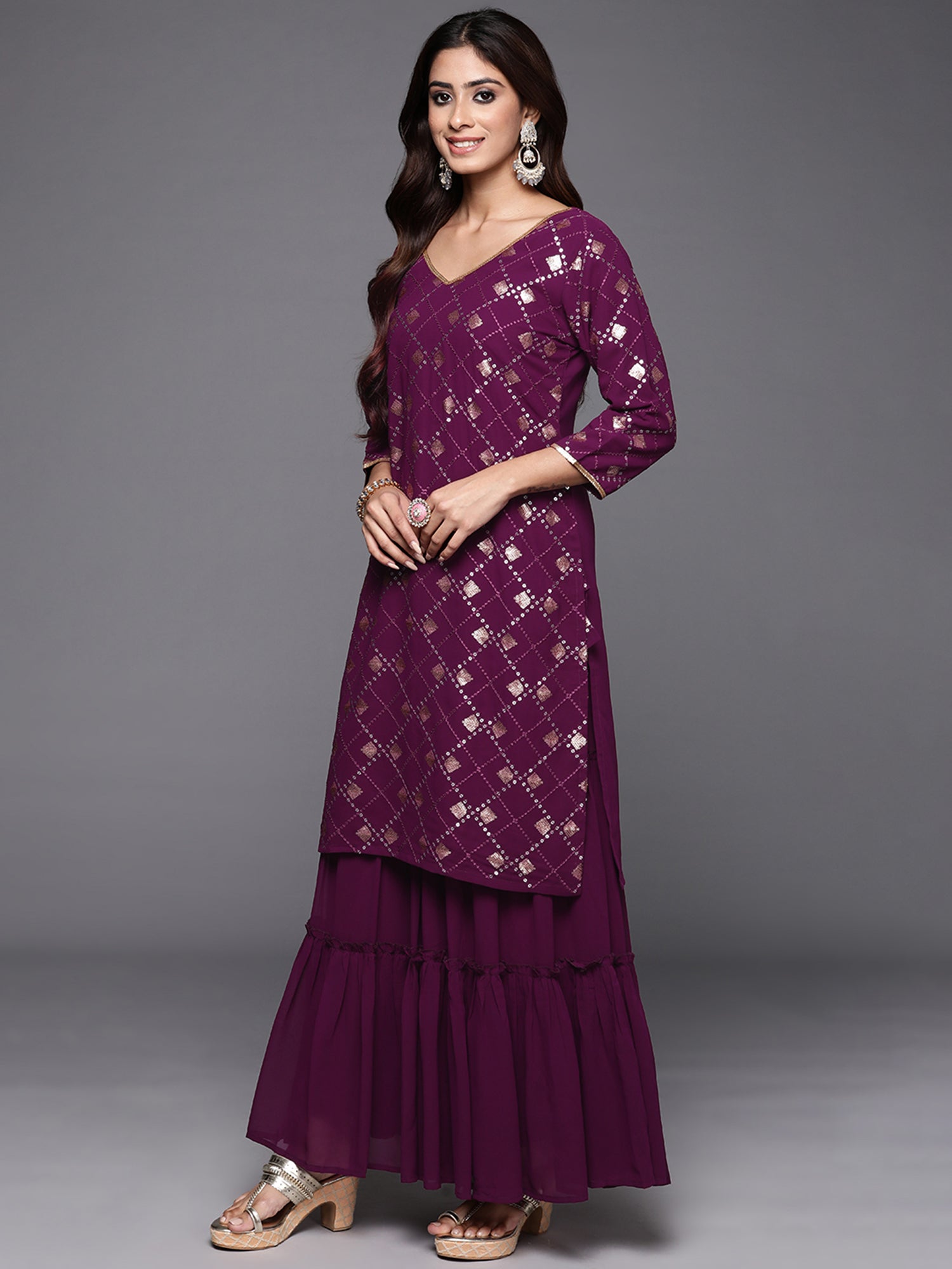 Indo Era Burgundy Embroidered Straight Kurta Sharara With Dupatta Set