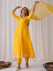 Yellow Embroidered Anarkali Kurta Trousers With Dupatta Set