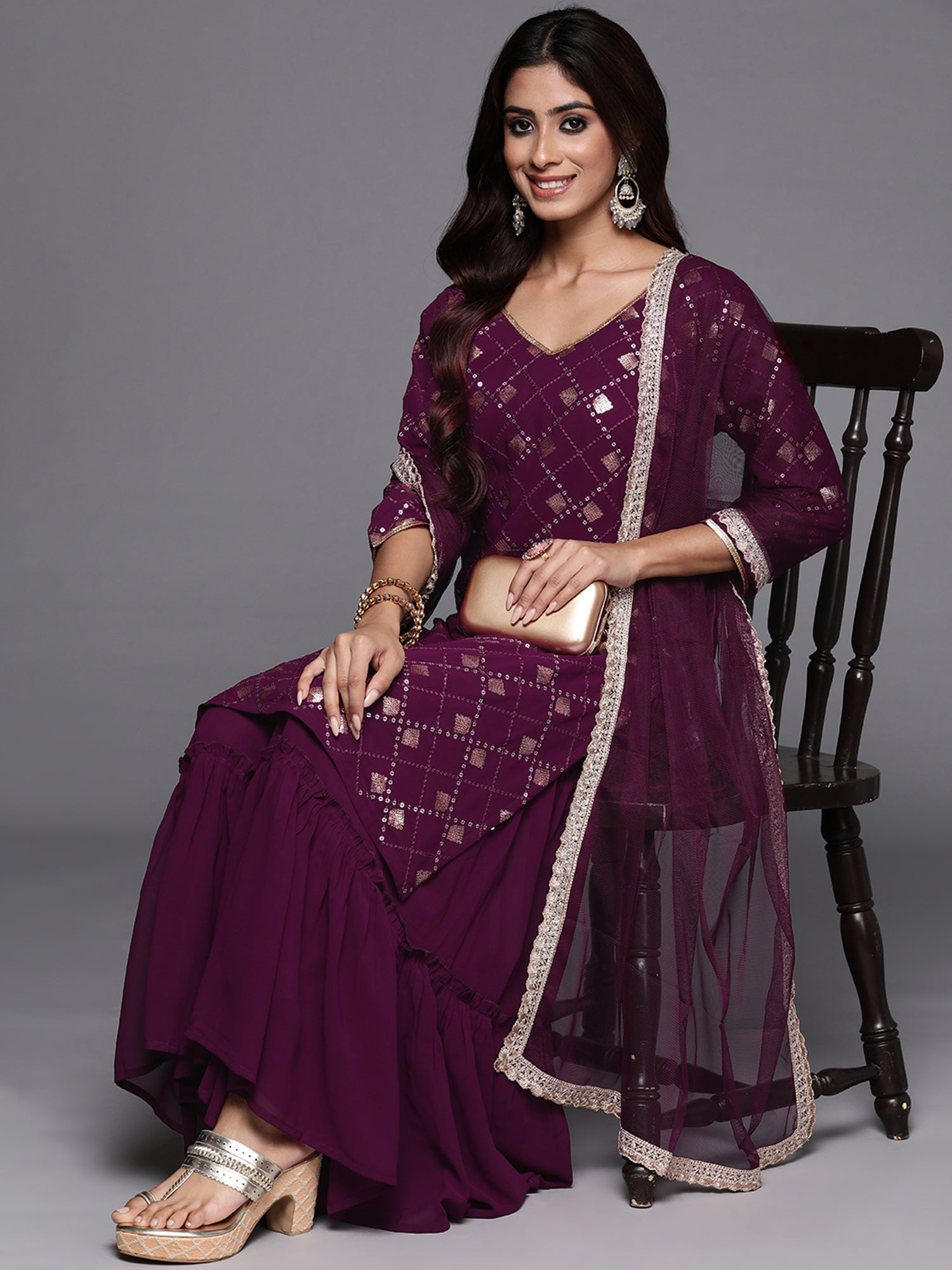 Indo Era Burgundy Embroidered Straight Kurta Sharara With Dupatta Set