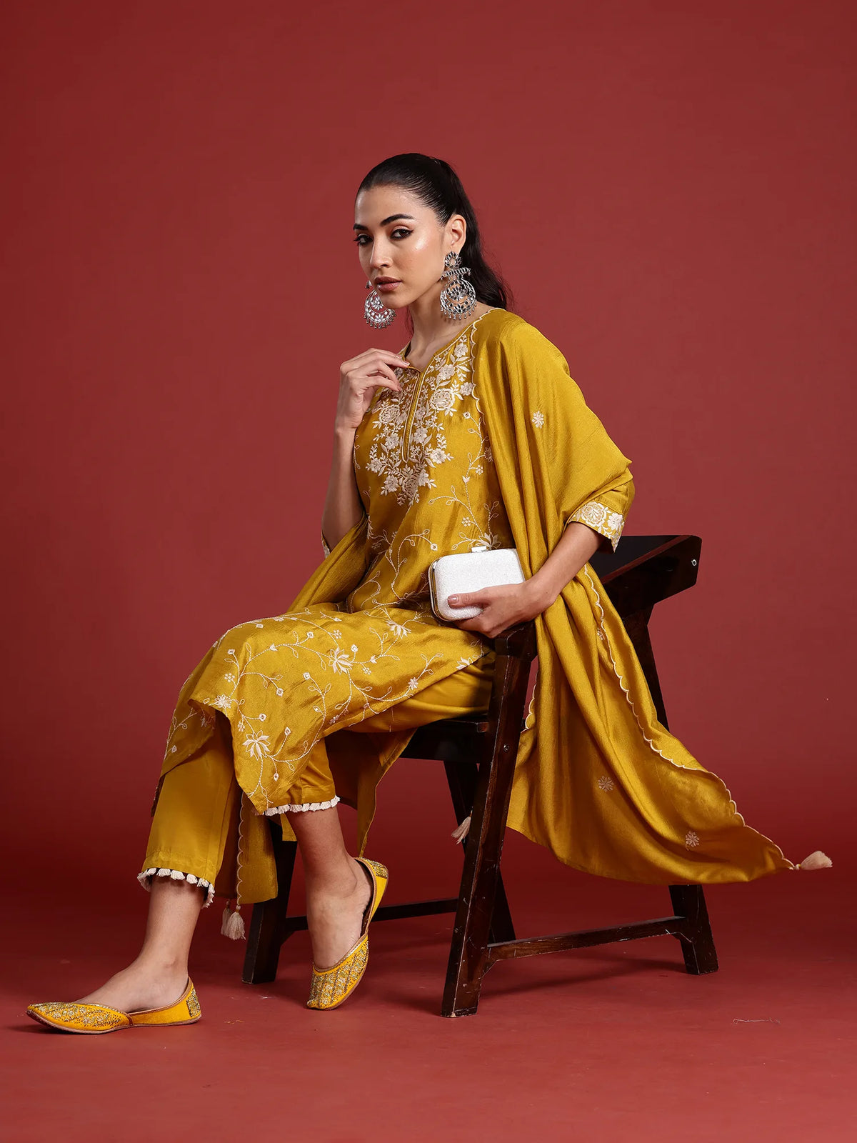 Yellow Embroidered Straight Kurta Trousers With Dupatta Set