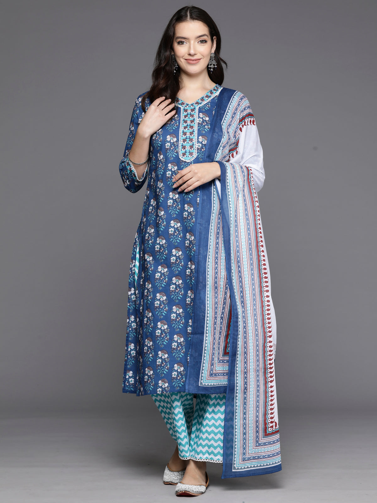 Indo Era Blue Printed Straight Kurta Palazzos With Dupatta Set