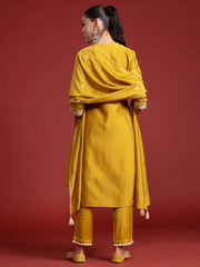 Yellow Embroidered Straight Kurta Trousers With Dupatta Set