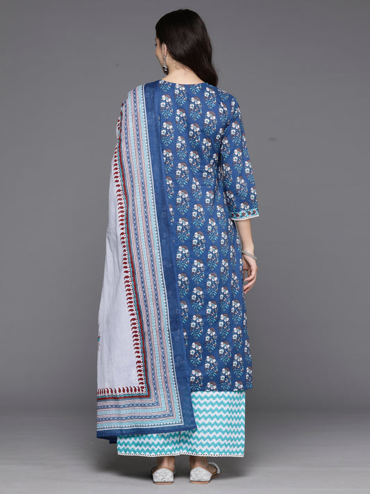 Indo Era Blue Printed Straight Kurta Palazzos With Dupatta Set