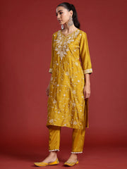 Yellow Embroidered Straight Kurta Trousers With Dupatta Set